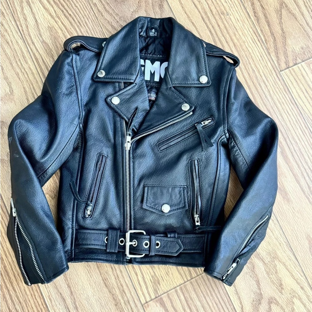 FMC Black Leather Motorcycle Moto Biker Jacket Youth Size 4- Zipper